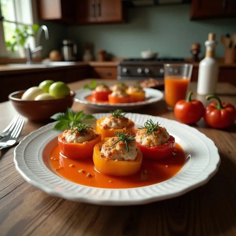 Tigres rellenos de bacalao y pimiento: tapa asturiana crujiente y dorada, servida en conchas de mejillón sobre un plato de madera rústico, con perejil fresco y limón al fondo.