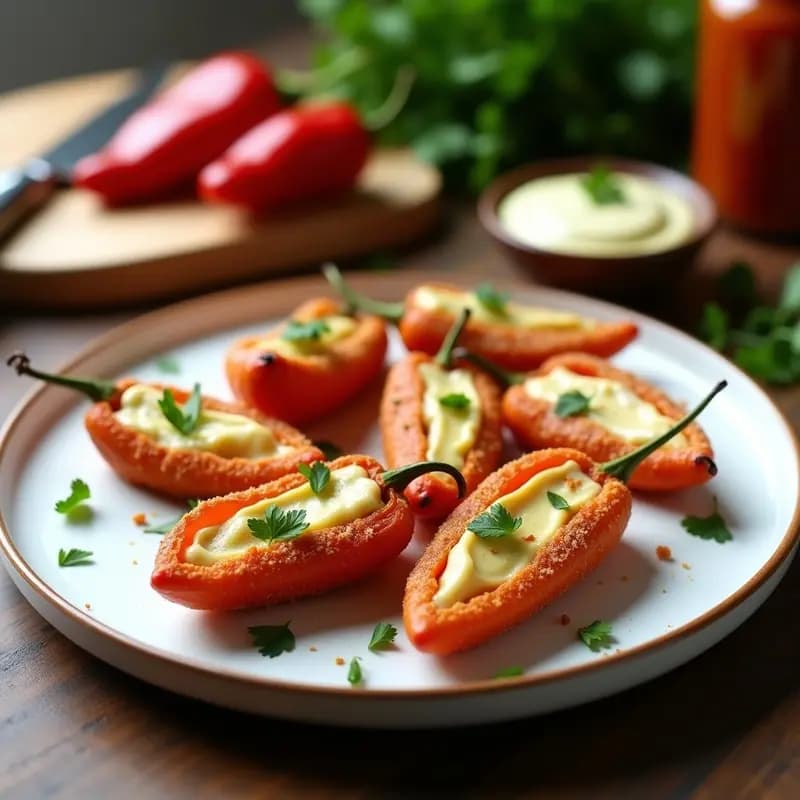 Plato blanco rústico con 8 tigres rellenos de bacalao y brandada, dorados y crujientes, decorados con perejil fresco. Al fondo, pimientos del piquillo en conserva y un cuenco con salsa alioli. Receta tradicional española de tapa gourmet.