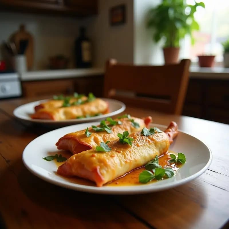 Plato de tigres rellenos de jamón york y queso, dorados y crujientes, servidos sobre papel absorbente con sus conchas vacías a un lado.
