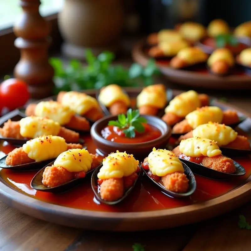 Tigres rellenos de mejillones en salsa picante al horno con toques dorados de queso gratinado, servidos en conchas abiertas sobre bandeja rústica de madera, acompañados de perejil fresco y salsa espesa de tomate con especias.