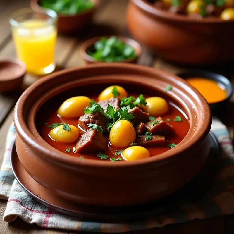 Olla lenta con Tikintiki Peruano: guiso espeso de carne de res en trozos, papa amarilla entera y salsa roja oscura con ají panca, servido en plato hondo de barro con culantro fresco espolvoreado.