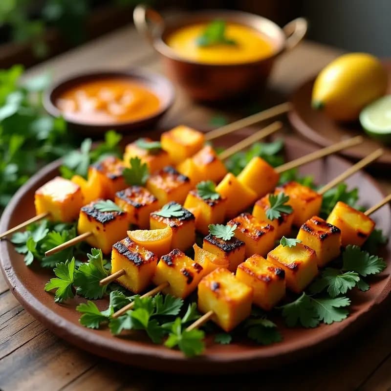 Brochetas doradas de queso paneer y piña asada en parrilla, servidas sobre plato de barro con salsa de mango fresca y cilantro, receta india vegetariana a la parrilla.