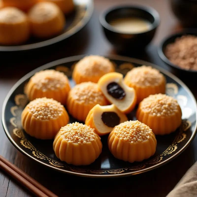 Tikoy de arroz glutinoso con sésamo, postre chino tradicional sin horno, discos dorados rellenos de pasta de sésamo negro y cubiertos de semillas de sésamo blanco, servidos en plato de cerámica con detalles dorados.