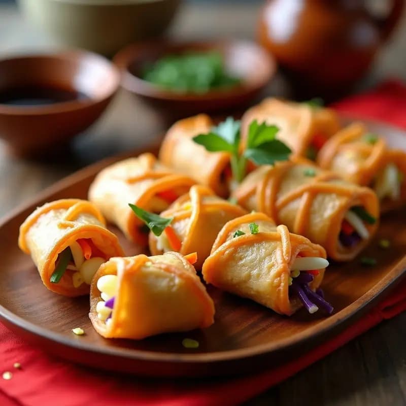 Rollitos Tikoy Filo con Huevo y Vegetales para Año Nuevo Lunar, dorados y crujientes, servidos en una bandeja de madera con salsa de soja al lado.