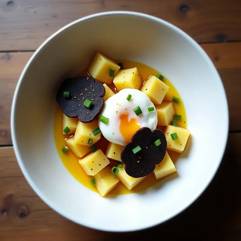 Bowl hondo de cerámica blanca con patatas Yukón Gold doradas y apio nabo rallado, coronado por un huevo poché con yema líquida, láminas de trufa negra y cebollino picado. Plato de desayuno francés gourmet y viral.