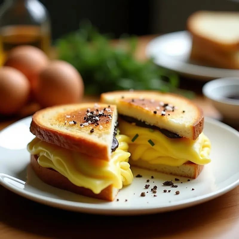 Dos mitades de TikTok Sando de Huevo y Trufa Negra sobre un plato blanco, mostrando capas de huevo esponjoso, láminas de trufa negra y pan shokupan dorado. Fondos borrosos con ingredientes como huevos, trufa y cebollino.