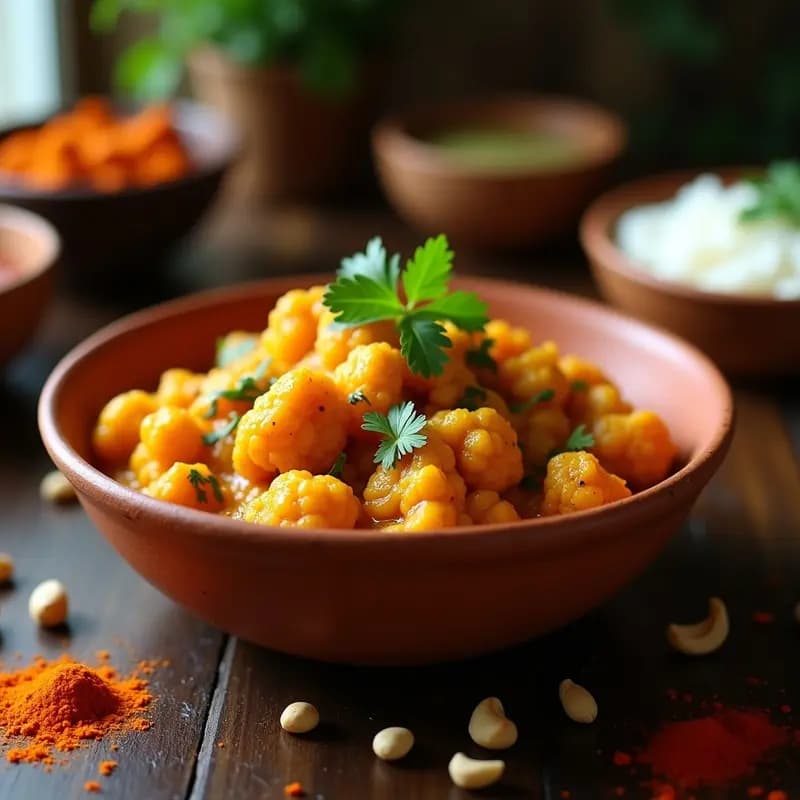 Plato hondo de barro con Tikz Masala de Coliflor vegana, floretes de coliflor dorados bañados en salsa cremosa de tomate y leche de coco, decorado con anacardos tostados y cilantro fresco, con un fondo de especias indias esparcidas.