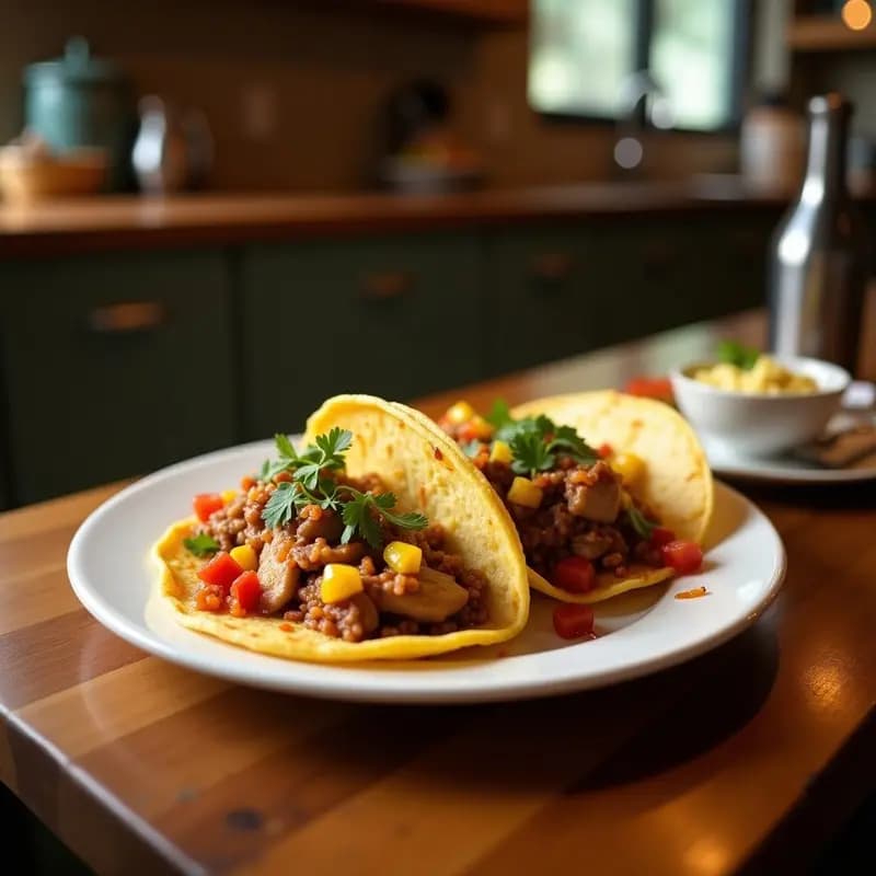 Tikz Tacos de Cordero al Horno en bandeja rústica de barro, dorados y crujientes, con semillas de sésamo y hierbabuena fresca. Plato marroquí especiado y bajo en grasas.