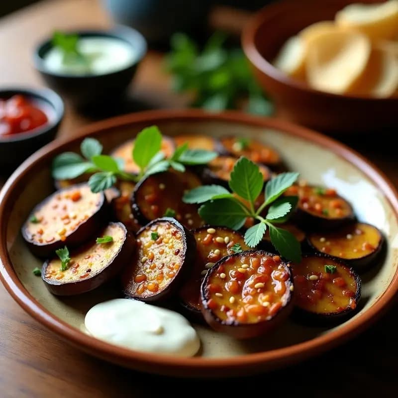 Plato tradicional armenio de Tikz Tikz de Cordero con trozos dorados de carne, berenjenas asadas en rodajas y salsa de yogur cremosa espolvoreada con semillas de sésamo, servido en fuente de barro rústica.