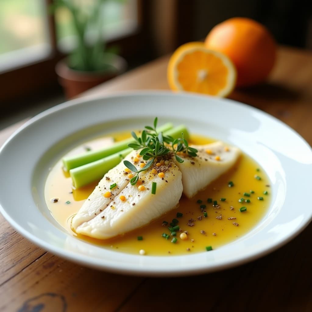 Plato blanco elegante con filete de tilapia al vapor bañado en salsa dorada de cítricos, acompañado de bastones de apio y hierbas provenzales frescas. Receta francesa en olla express, luz natural resaltando texturas y colores vibrantes.