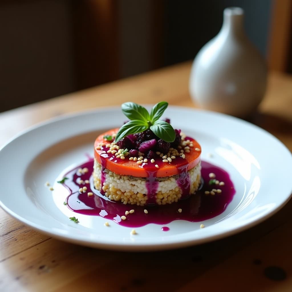Timbal de quinoa en capas con pesto de albahaca morada, decorado con ajonjolí tostado y hojas de albahaca fresca, servido en plato blanco sobre fondo rústico.