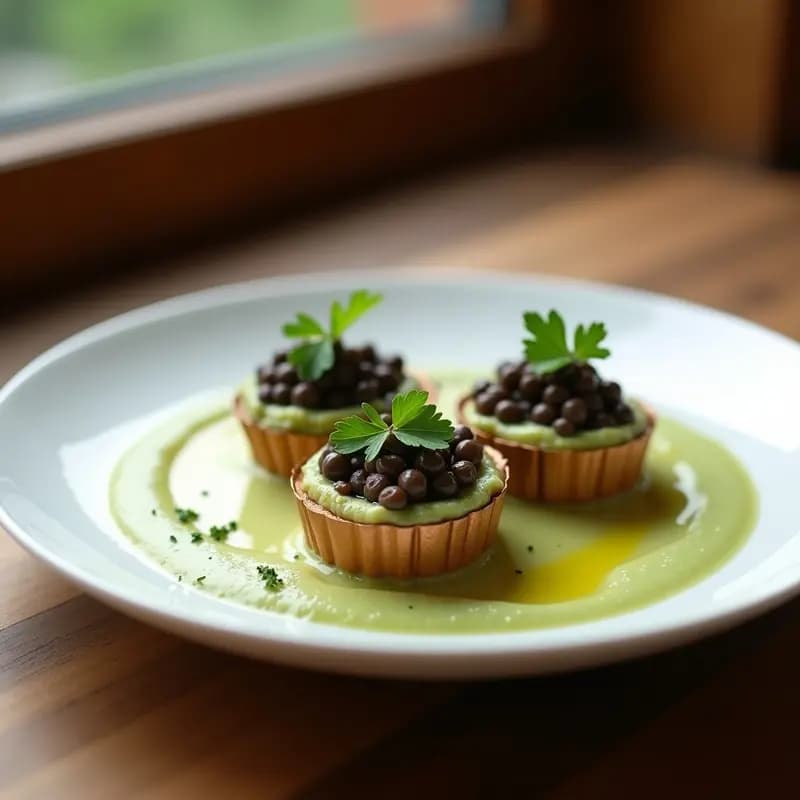 Timbales de lentejas beluga y puré de apio en plato blanco, con capas visibles y dorados al horno, receta francesa gourmet en molde.
