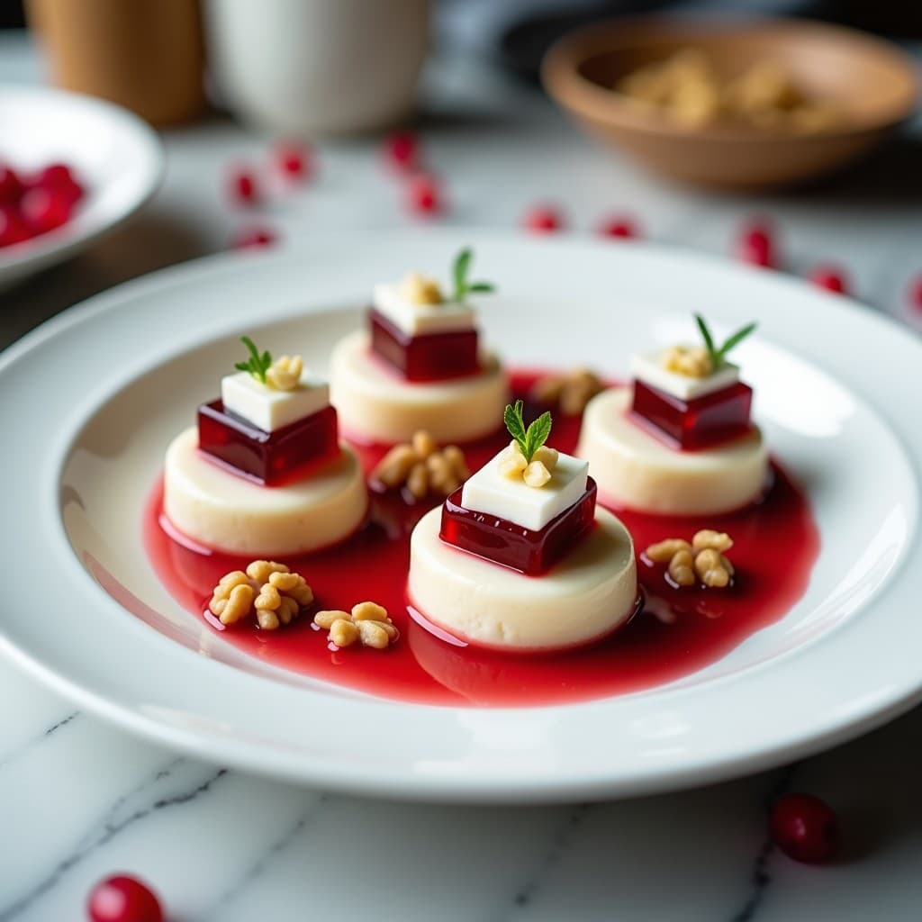 Timbales elegantes de puré de coliflor cremoso con capas de queso de cabra blanco y gelée de granada roja brillante, decorados con nueces picadas. Presentación impecable en plato blanco, ideal para entrantes keto y cocina francesa sofisticada.
