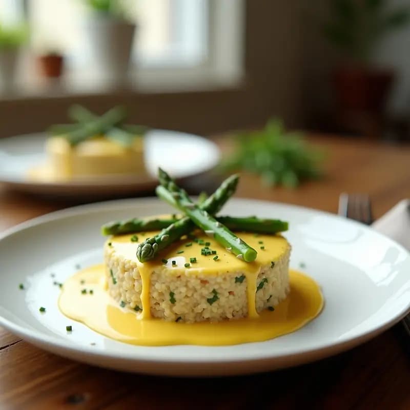 Timbales dorados de quinoa y espárragos trigueros apilados en un plato blanco, bañados con salsa holandesa cremosa y decorados con eneldo fresco. Entrante francés elegante y sofisticado.
