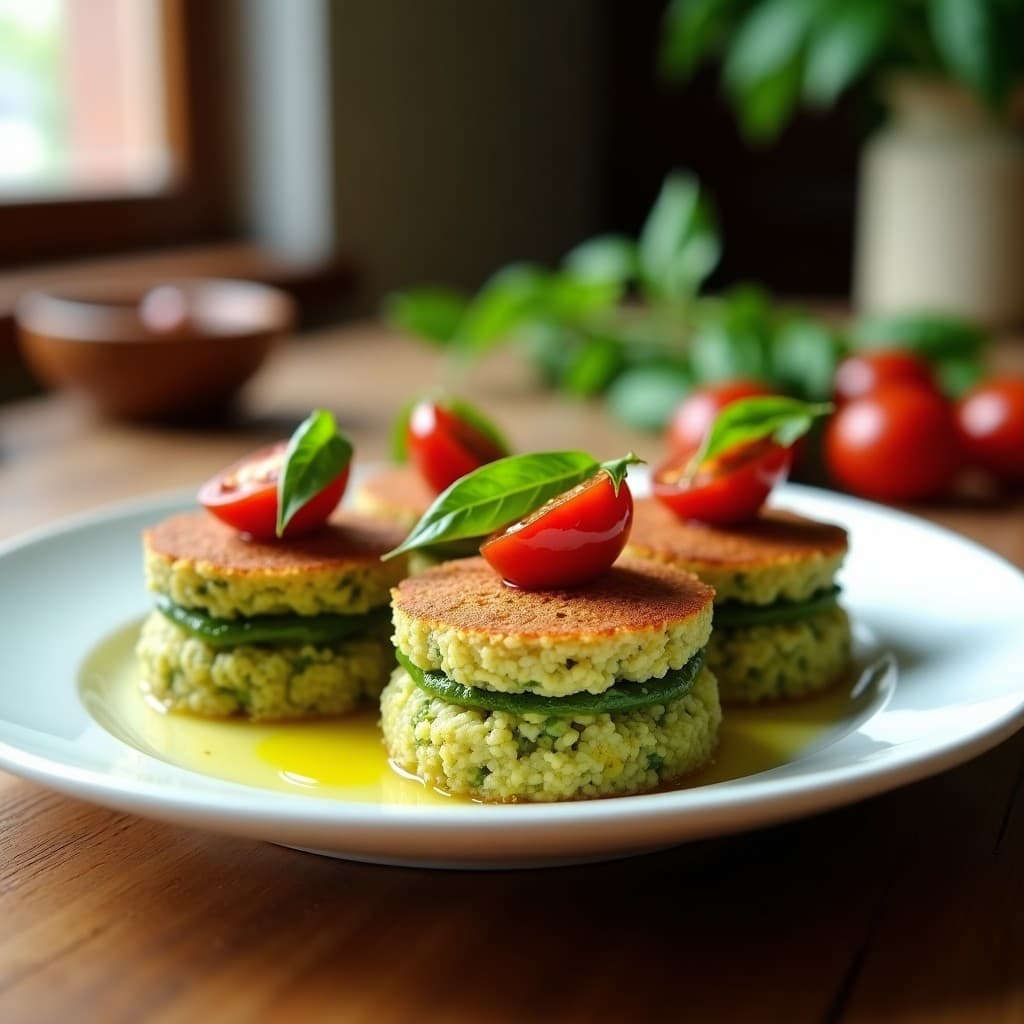 Timbales dorados de quinoa con pesto de albahaca verde brillante y tomates confitados caramelizados, presentados en plato blanco con decoración de hojas de albahaca fresca, receta italiana sin gluten en Thermomix.