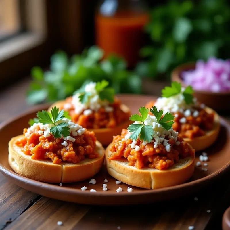 Tostadas doradas y crujientes cubiertas con tinga de pollo desmenuzado en salsa de chipotle, cebolla morada, cilantro fresco y queso tipo Burgos desmenuzado, servidas en un plato de madera rústico.