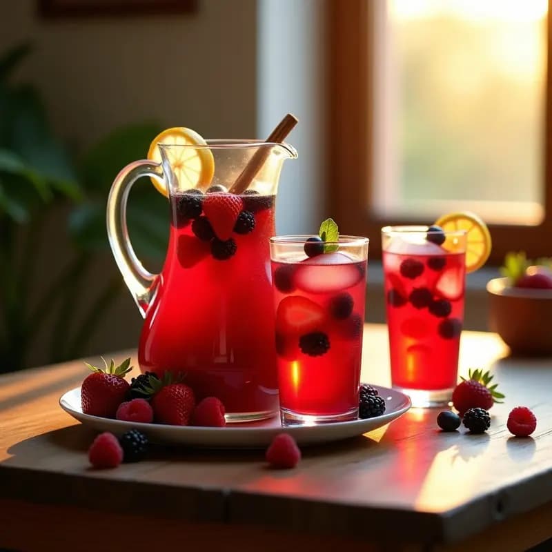 Jarra de cristal llena de tinto de verano con frutas rojas (fresas, frambuesas y arándanos) flotando, hielo brillante y burbujas. Copas altas al lado con la bebida servida, decorada con rodajas de fresa y hojas de hierbabuena. Fondo borroso de terraza veraniega con luz solar.
