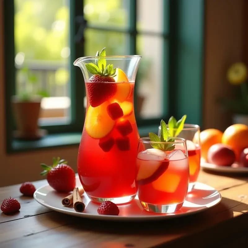 Jarra de cristal alta llena de tinto de verano con frutas de temporada sin azúcar añadido, rodajas de naranja, fresas, melocotón y hojas de hierbabuena, servida con hielo y copas transparentes sobre una mesa de madera rústica con fondo de terraza veraniega.