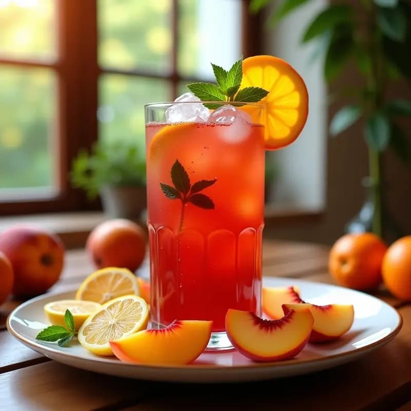Jarra de cristal transparente llena de tinto de verano con trozos de melocotón, albaricoque, rodajas de limón y naranja, hielo y hojas de menta fresca, sobre una mesa rústica de madera con fondo de terraza veraniega.