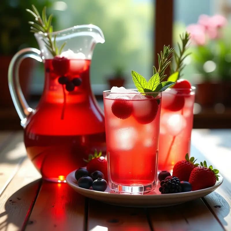 Jarra de cristal con tinto de verano con frutos rojos y hierbas aromáticas, copas altas con hielo y decoración de menta y frambuesas frescas, fondo de terraza soleada.