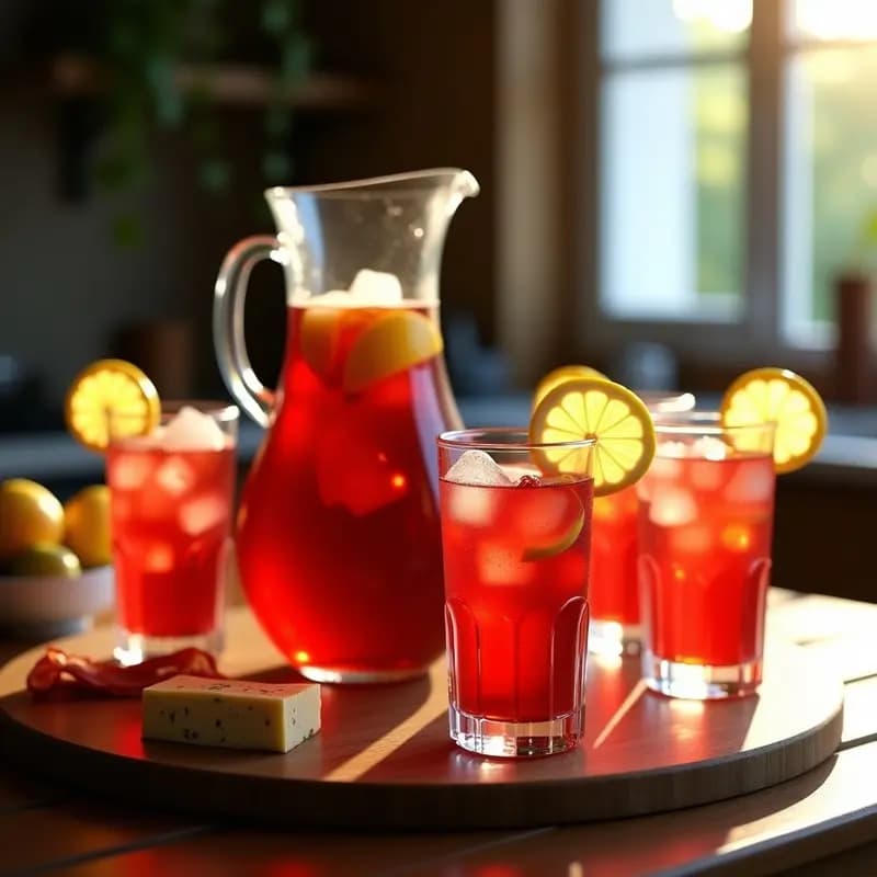 Jarra de cristal con tinto de verano con limón y hielo, rodeada de copas altas con rodajas de limón y cubitos de hielo, sobre una mesa rústica de madera con luz natural de verano.