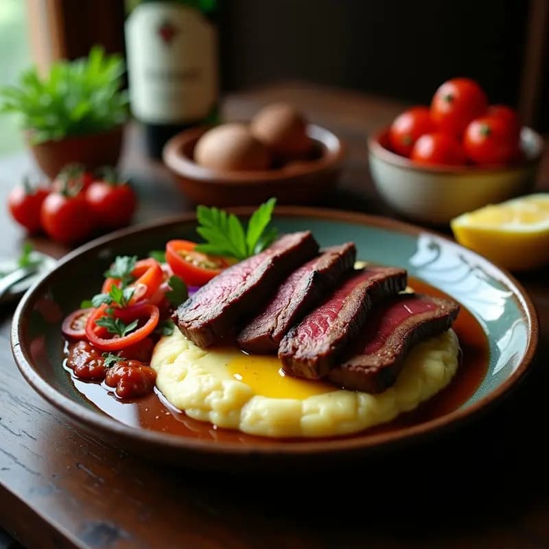 Plato hondo de barro con tira de asado argentino en rodajas sobre puré de papa cremoso, acompañada de salsa criolla fresca con cebolla morada, tomate y pimiento verde. Receta clásica en olla exprés.