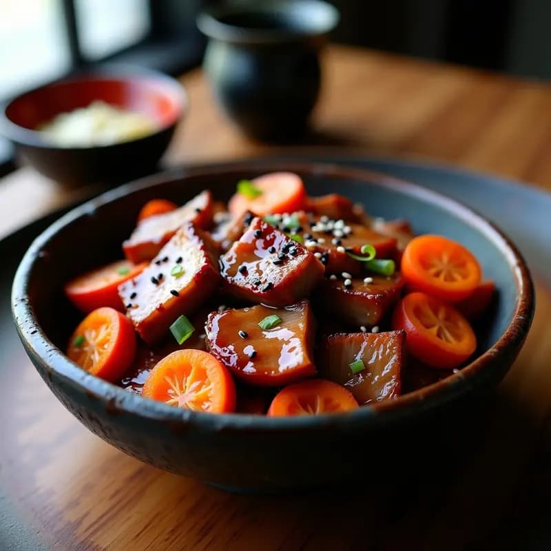 Plato hondo de cerámica oscura con tira de asado de cerdo teriyaki en salsa brillante, acompañada de cebolla morada y pimiento rojo glaseados, espolvoreada con semillas de sésamo y decorada con hojas de cilantro, sobre un fondo de madera rústica.