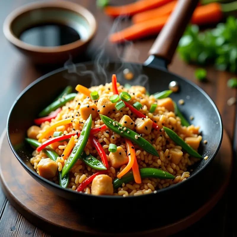 Wok humeante con tirabeque de arroz con pollo y verduras: arroz basmati salteado con trozos de pollo dorado, tirabeques verdes, zanahoria naranja y pimiento rojo en juliana, decorado con semillas de sésamo negro y cebollino fresco.