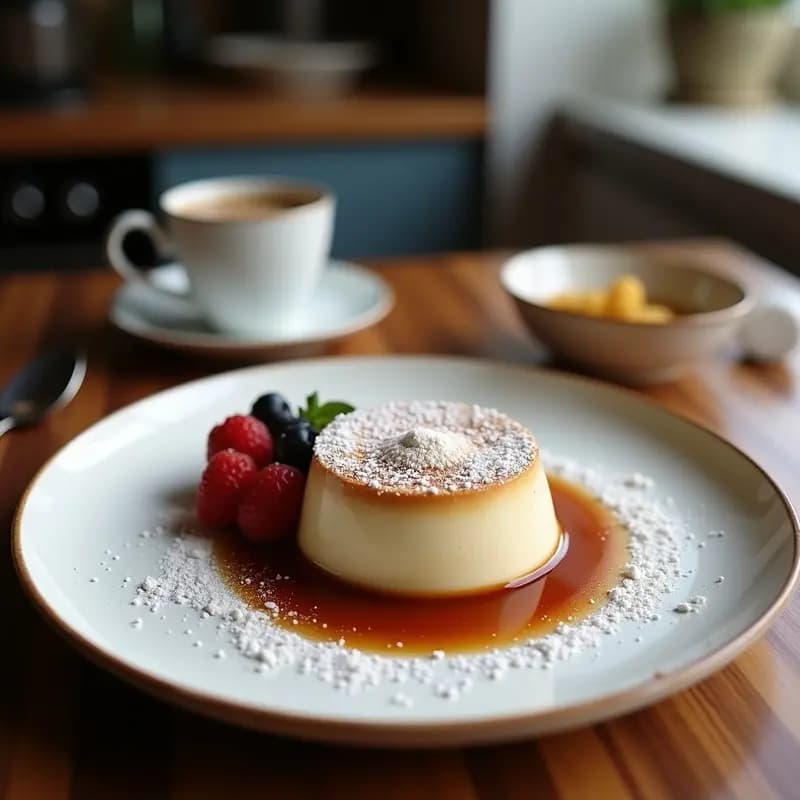 Tirmisu de café y cardamomo sin azúcar servido en copa de cristal, con capas visibles de bizcocho de almendra, crema mascarpone light espolvoreada con cacao puro y decorado con semillas de cardamomo y virutas de chocolate negro.