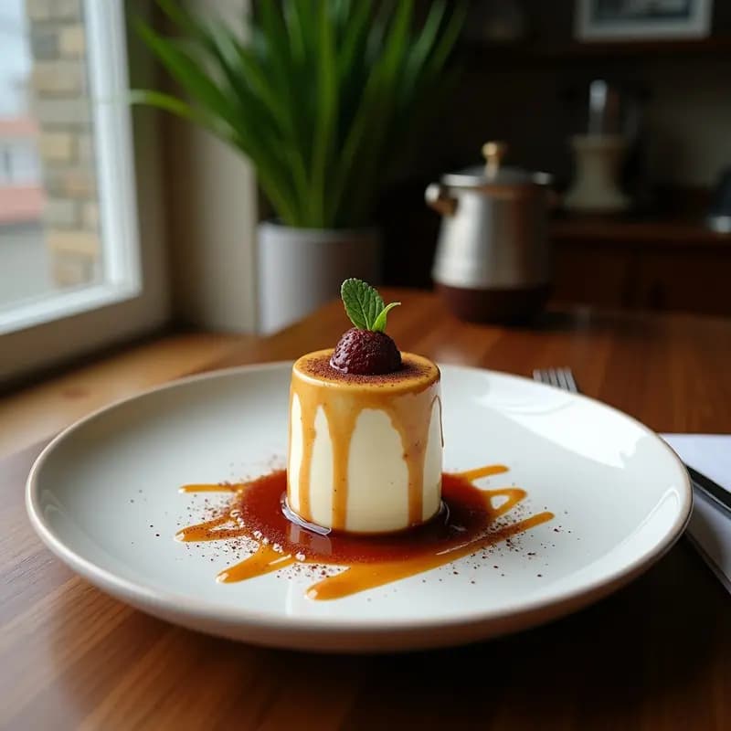 Tiramisú vegano de café y cardamomo en copa de cristal transparente, con capas visibles de bizcochos empapados en café, crema de mascarpone de anacardos y espolvoreado generoso de cacao puro. Decorado con semillas de cardamomo y una ramita de menta fresca. Postre francés elegante y sin huevos.