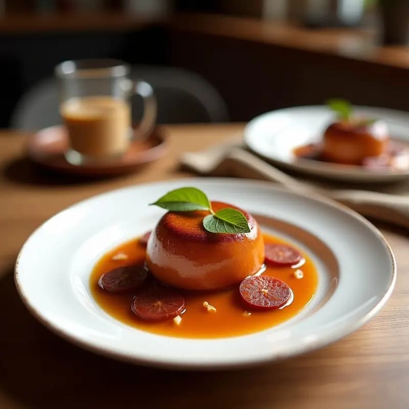 Tiramisú de café y chorizo en copa de cristal transparente, con capas visibles de bizcocho humedecido, crema de mascarpone, trozos dorados de chorizo crujiente y espolvoreado de cacao puro, sobre fondo rústico de madera oscura.