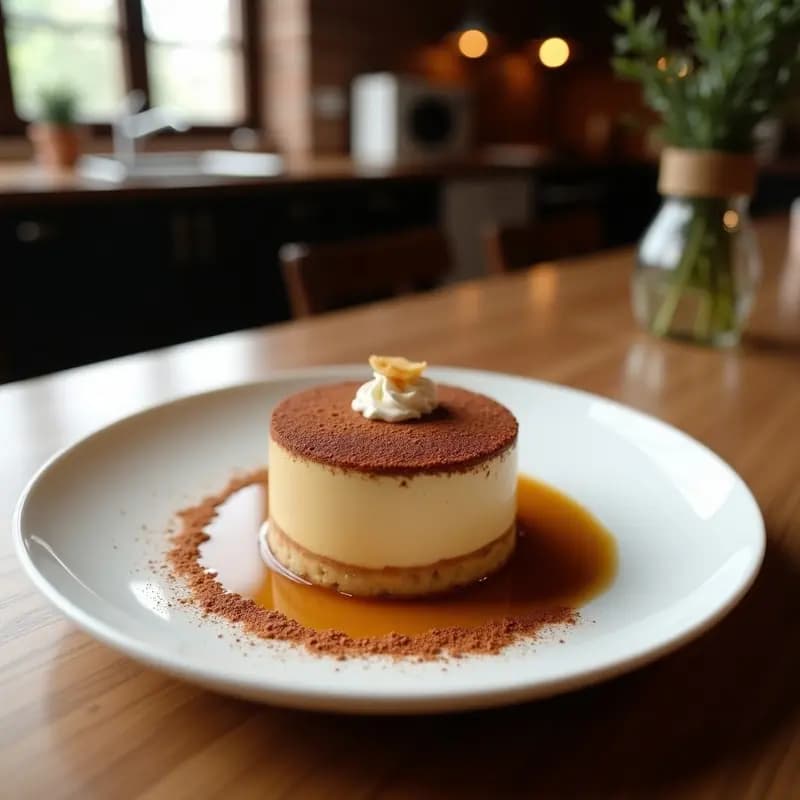 Tiramisú vegano de café y dátiles en fuente rectangular de vidrio, con capas visibles de galletas humedecidas, crema de anacardos y espolvoreado de cacao puro. Servido con una cuchara de metal y decorado con granos de café tostado.