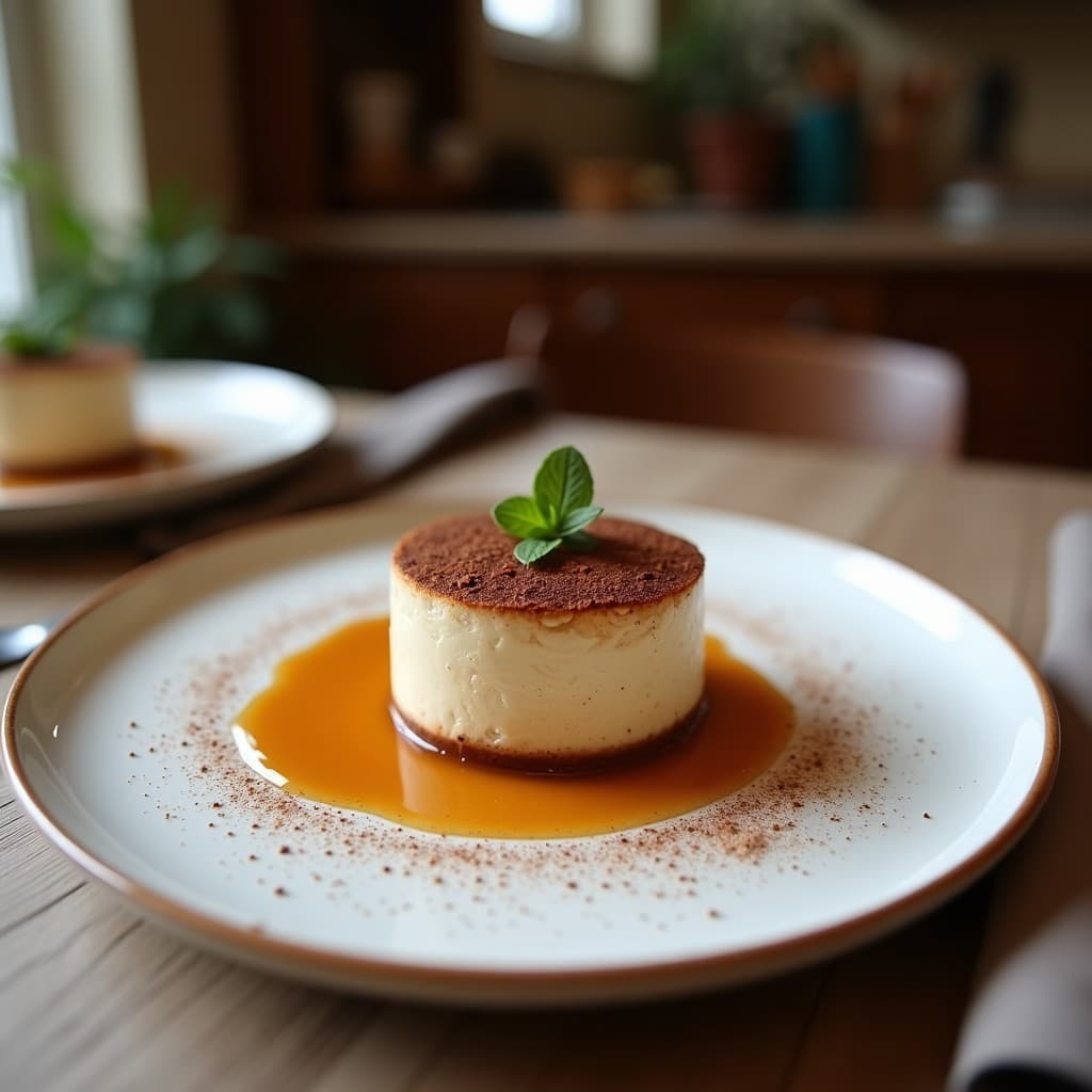 Tiramisú vegano de café y dátiles sin huevos en vaso transparente, con capas visibles de crema de anacardos, bizcochos de avena empapados en café y espolvoreado de cacao en polvo. Postre saludable y sin azúcar refinado.