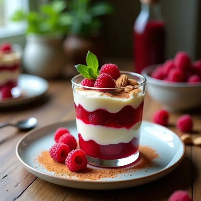 Tiramisú de frambuesas y mascarpone en copa de cristal, con capas visibles de crema blanca, galletas empapadas y frambuesas frescas. Decorado con almendras fileteadas y un toque de canela en polvo sobre fondo rústico.