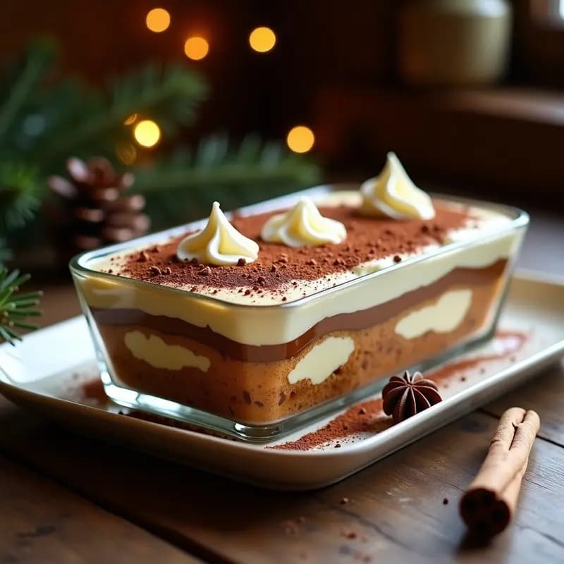 Tiramisú Francés de Café y Especias de Navidad en copa de cristal transparente, con capas visibles de bizcochos de soletilla, crema de mascarpone vegano, cacao en polvo y almendras tostadas, decorado con una ramita de canela y granos de café.