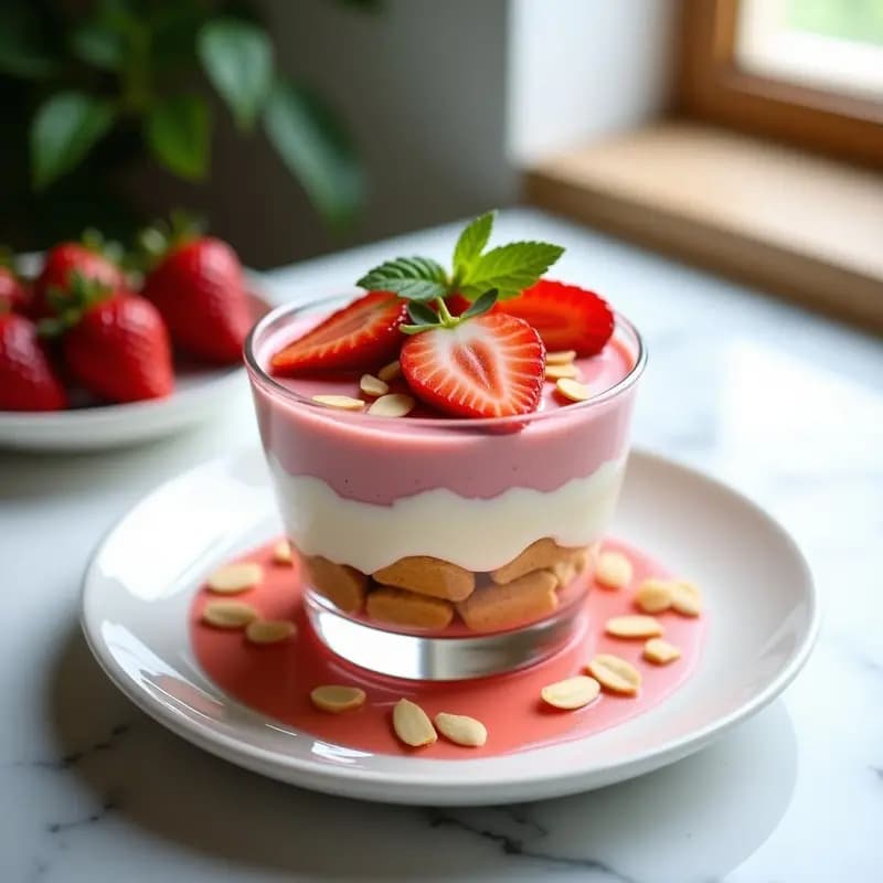 Copa de cristal transparente con capas de tiramisú francés: bizcochos dorados, crema de mascarpone rosada, láminas de fresas frescas y decoración de almendras tostadas y menta. Postre elegante de fresas y vino rosado sobre fondo blanco.