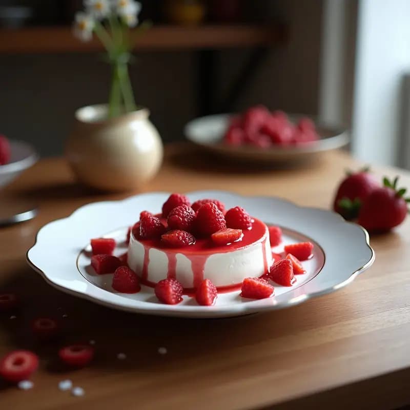 Tiramisú vegano en copas de cristal transparente: capas de bizcocho de almendra empapado en coulis de frutos rojos, crema de mascarpone vegano blanco y decoración con frutos rojos frescos y cacao en polvo espolvoreado. Postre italiano sin huevos ni lácteos.