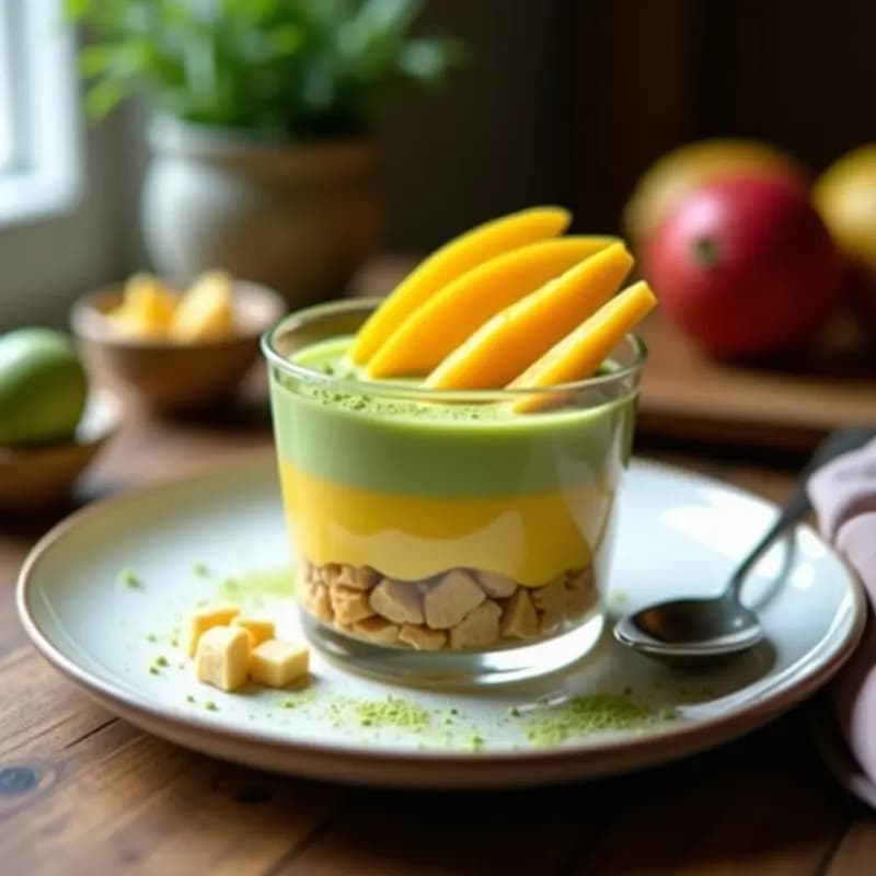 Tirinadad de Mango y Matcha en copa de cristal transparente, con capas visibles de crema verde de matcha, crema amarilla de mango y biscuits de almendra dorados. Decorada con filetes de mango fresco y un espolvoreado de matcha en polvo.
