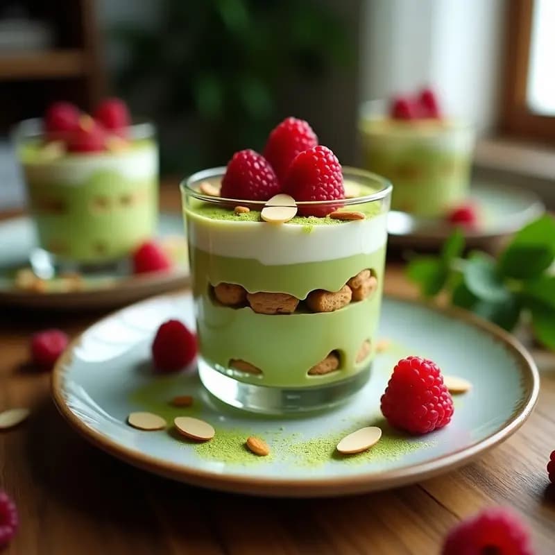 Tiramisú de matcha y frambuesas sin horno en copa de cristal: capas verdes de crema de matcha, rojas de frambuesas frescas y base crujiente de biscuits de almendra, decorado con cacao en polvo y frambuesas enteras.