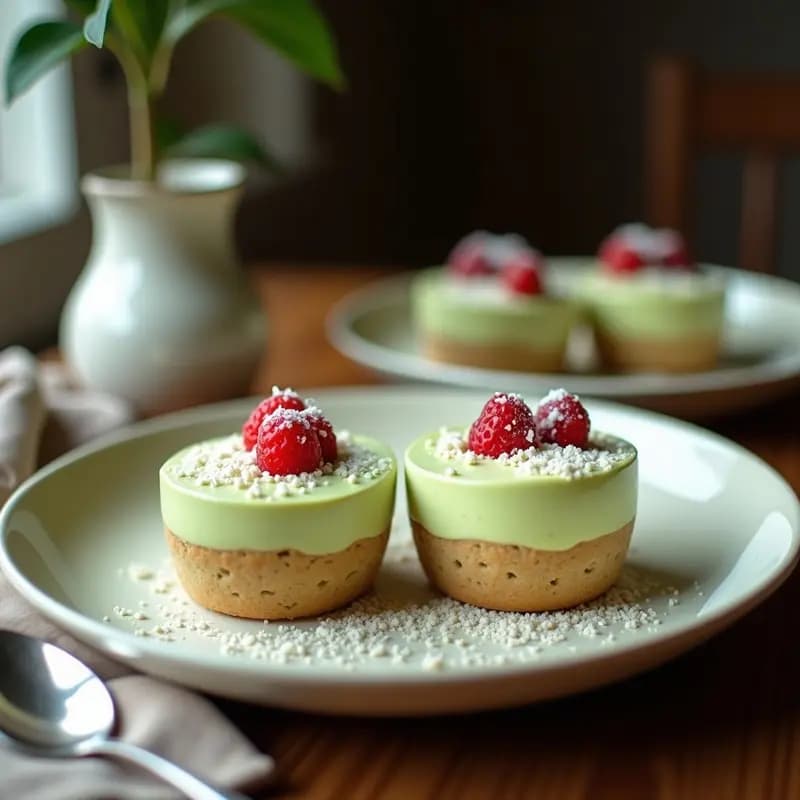 Vasitos de cristal transparente con capas de tiramisú vegano: bizcocho verde de matcha, crema blanca de mascarpone de coco y espolvoreado de cacao oscuro y coco rallado. Receta italiana vegana sin lácteos.