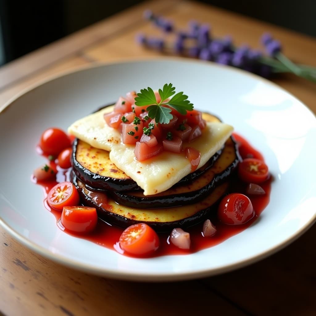 Plato blanco elegante con tirinad de berenjena asada en rodajas doradas, filete de merluza al vapor encima, cebolla morada y tomates cherry salteados, bañado con reducción brillante de vinagre de frambuesa. Decorado con perejil fresco y tomillo. Receta francesa sin lactosa.