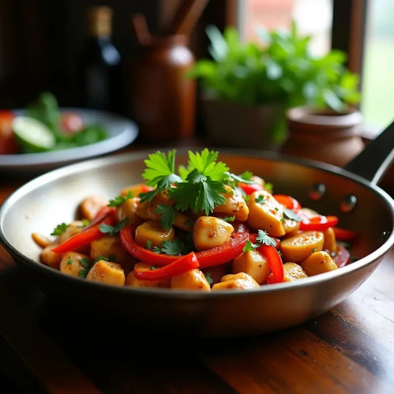 Sartén de hierro con tirinad de pollo al cilantro y ajo, trozos de pollo dorado bañados en salsa verde aromática con cilantro fresco picado, acompañada de rodajas de cebolla roja y pimiento, sobre fondo rústico de madera.