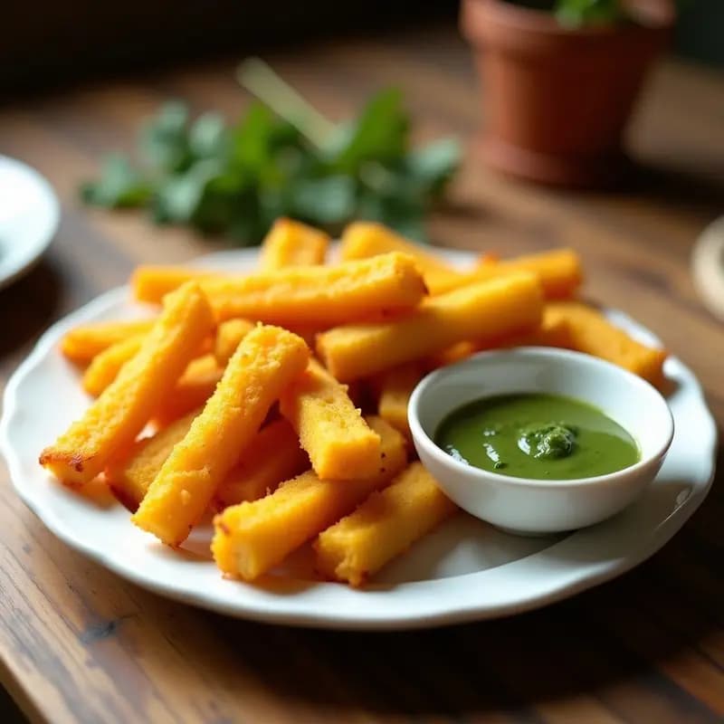 Plato blanco rústico con tirma de yuca dorada y crujiente, acompañada de un bol pequeño con mojo verde de cilantro y ajo negro. Receta canaria vegana en Airfryer.