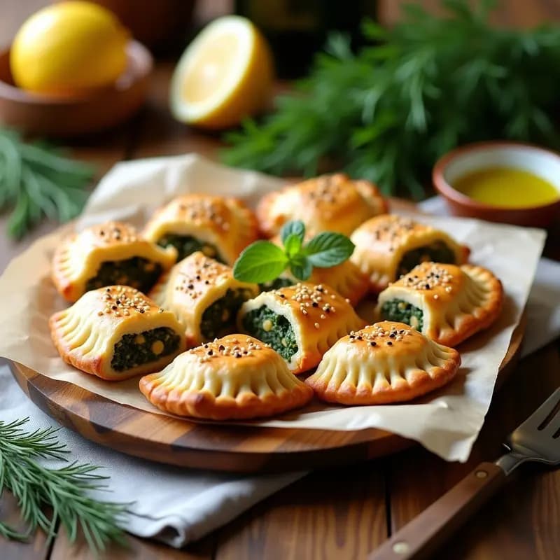 Bandja de madera con tiropitas griegas veganas doradas, rellenas de espinacas y tofu, espolvoreadas con semillas de sésamo sobre papel de horno. Fondo rústico con hierbas frescas y limones.