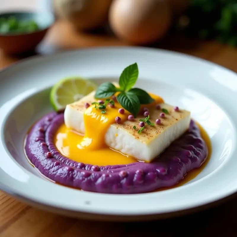 Plato gourmet de titre de pescado peruano con filete de merluza dorado, cubierto de salsa de ají amarillo vibrante, sobre puré de camote morado cremoso. Decorado con hojas de cilantro fresco y semillas de sésamo tostadas.