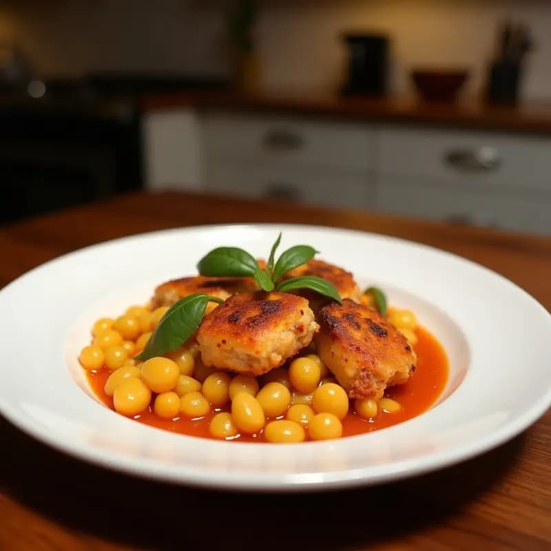 Plato hondo de barro con tizaona de setas y pollo, un guiso de montaña espeso con trozos de pollo dorado, setas laminadas, salsa oscura aromatizada con ajo y perejil, acompañado de huevos duros cortados por la mitad.