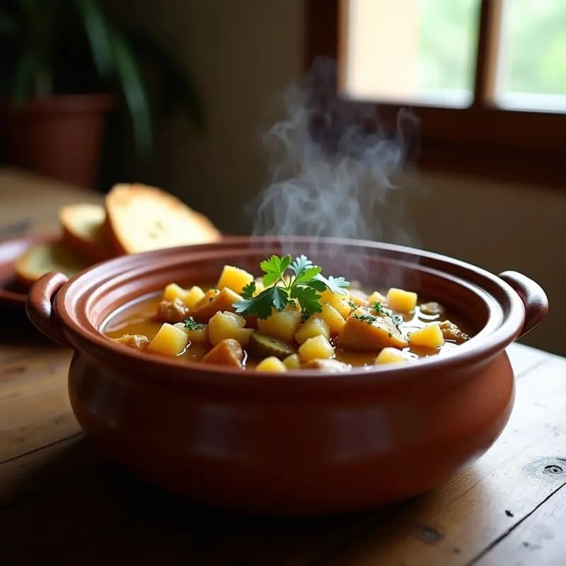 Cazuela de barro humeante con Tiznao Alpujarreño, guiso granadino de bacalao desmenuzado, patatas, calabacín y ñoras, decorado con perejil fresco y servido en cuenco rústico.