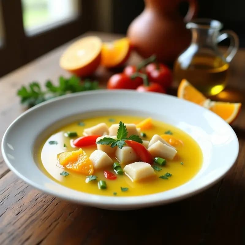 Cuenco de cerámica blanca con tiznao andaluz frío, trozos de bacalao desmenuzado, gajos de naranja fresca y un hilo de aceite de oliva virgen extra, sobre fondo rústico de madera.