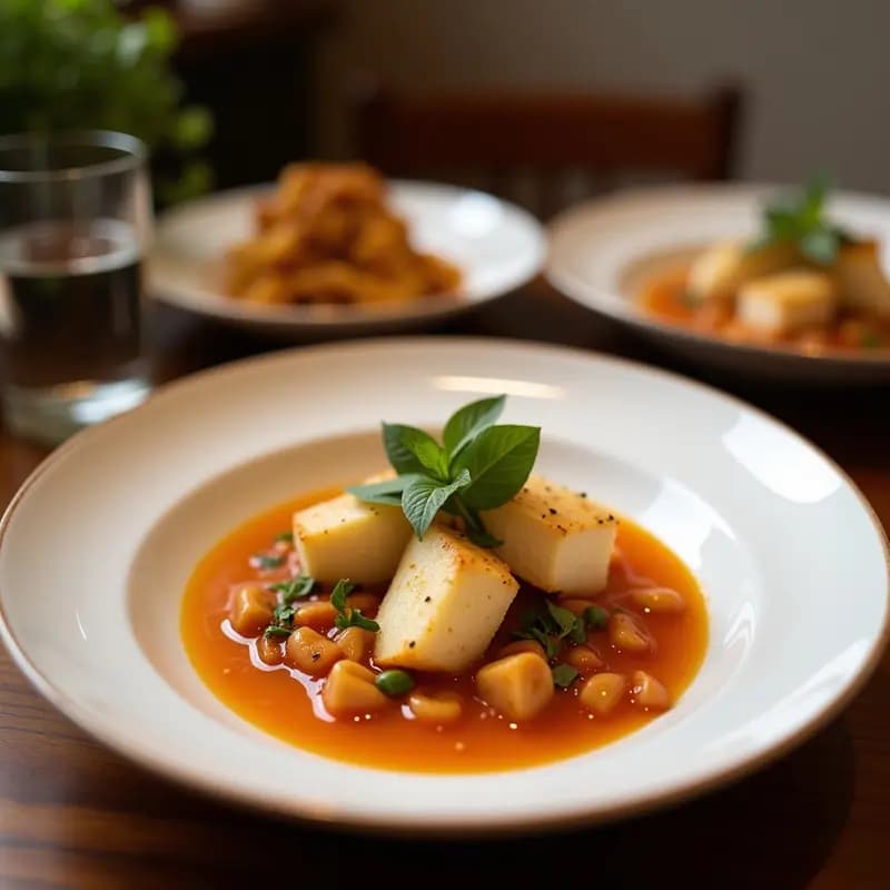 Cazuela de barro humeante con tiznao de calabacín y bacalao, rodajas de calabacín tiernas y trozos de bacalao desmenuzado, bañados en una salsa espesa de color dorado. Plato tradicional andaluz de Semana Santa.