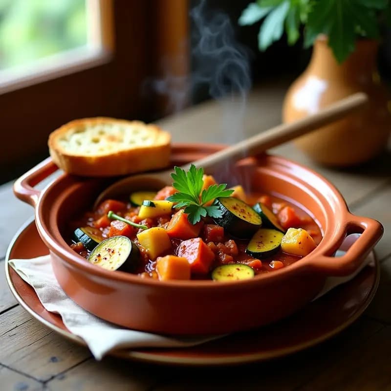 Cazuela de barro humeante con tiznao andaluz de calabacín y berenjena, guiso de verduras con toque ahumado, servido en plato hondo rústico con pan tostado al lado.